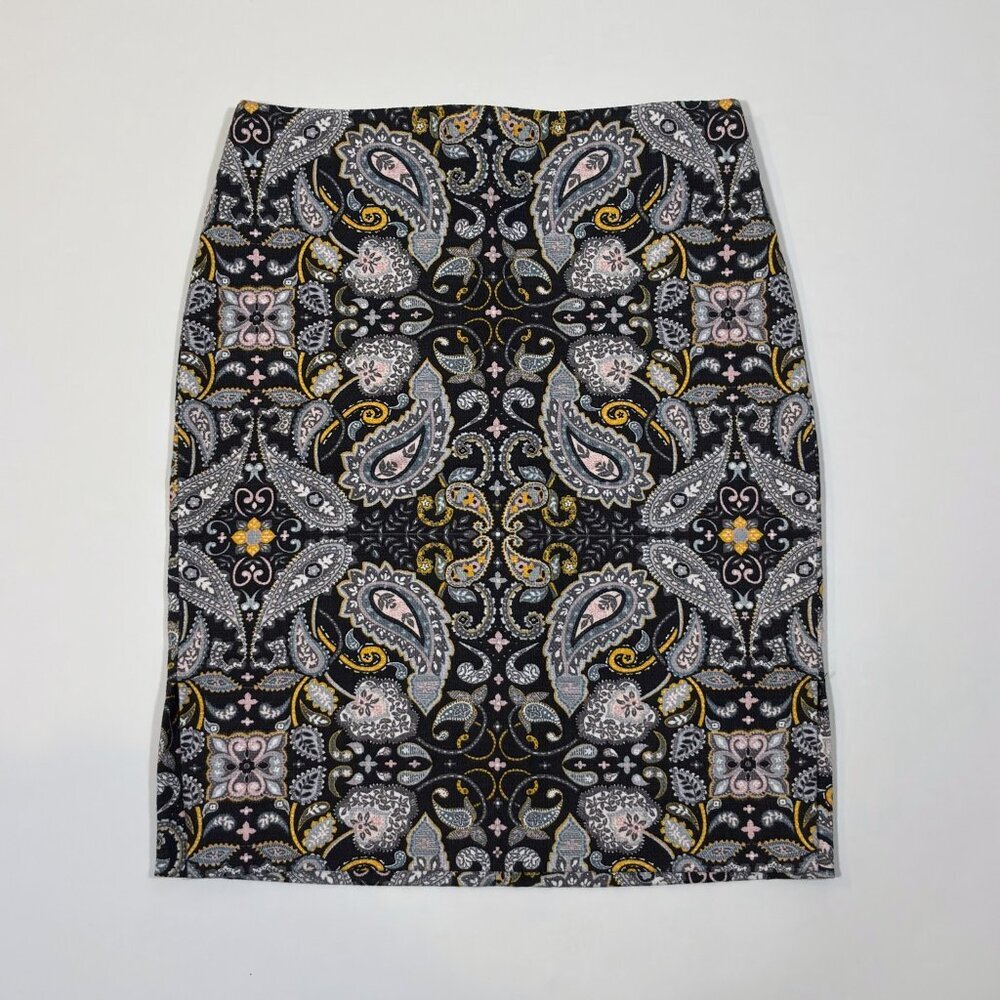 Ann Taylor Loft Black Yellow Paisley Print Cotton Pique Pencil Skirt - 2 Petite - Picture 2 of 7